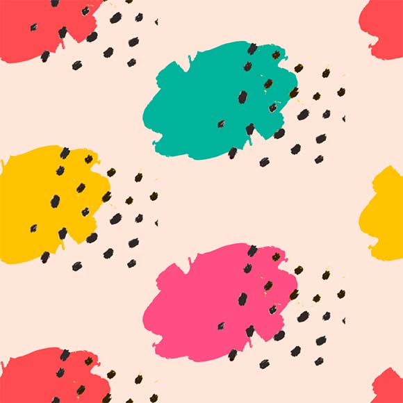 Colorful brush strokes and black dots doodle seamless vector pattern