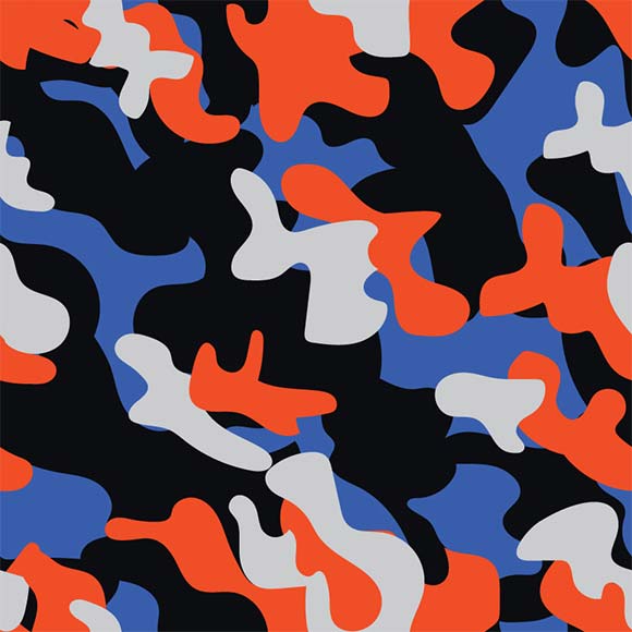 Blue, black, orange abstract camouflage seamless vector pattern