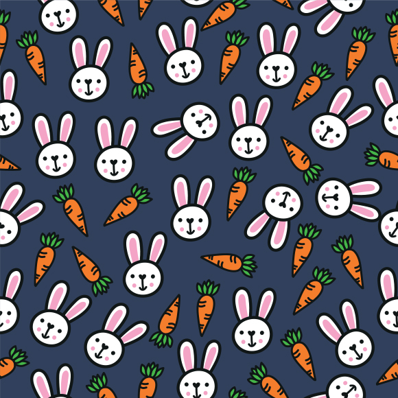 Cartoon style rabbit head and carrot easter day design elements on seamless background