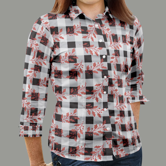 https://www.wowpatterns.com/assets/files/resource_images/christmas-leaves-on-black-and-white-buffalo-plaid-checks-women-shirt-t-shirt.jpg