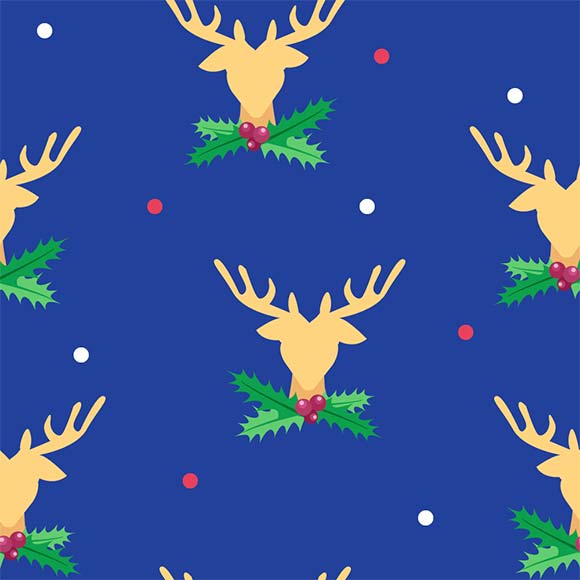 Deer head, mistletoe and snowflakes seamless vector christmas pattern