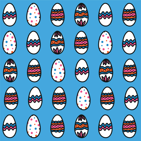 Easter Eggs with pastel colors and designs on blue background