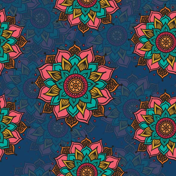 Colorful ethnic mandala motifs on blue background