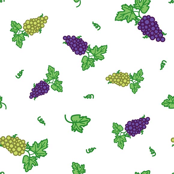 Green & blue grapes seamless vector pattern. Fruit leaves background