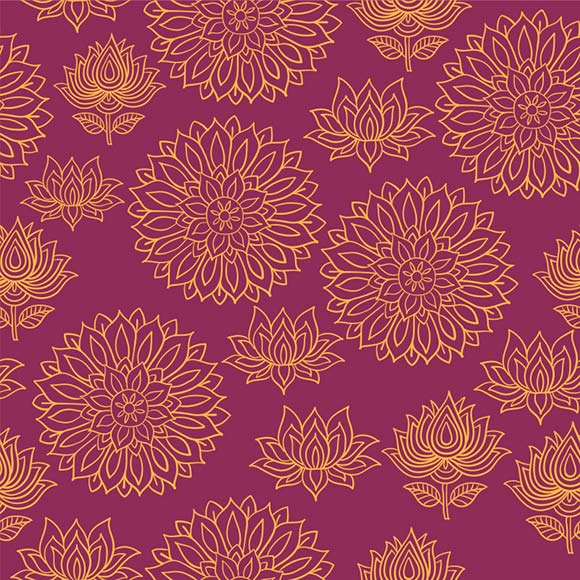 Outline ethnic lotus flowers seamless pattern