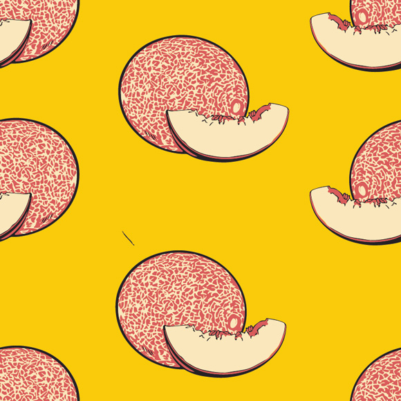 muskmelon fruit with cut slice icons on yellow background