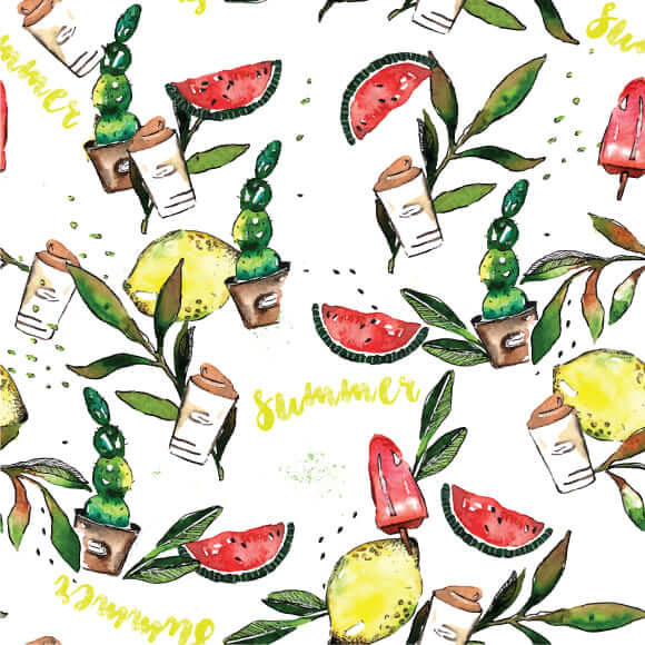 summer vector pattern with lemon watermelon leaves ice cream
