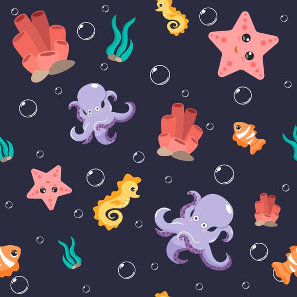 Underwater sea animals cartoon vector illustration pattern